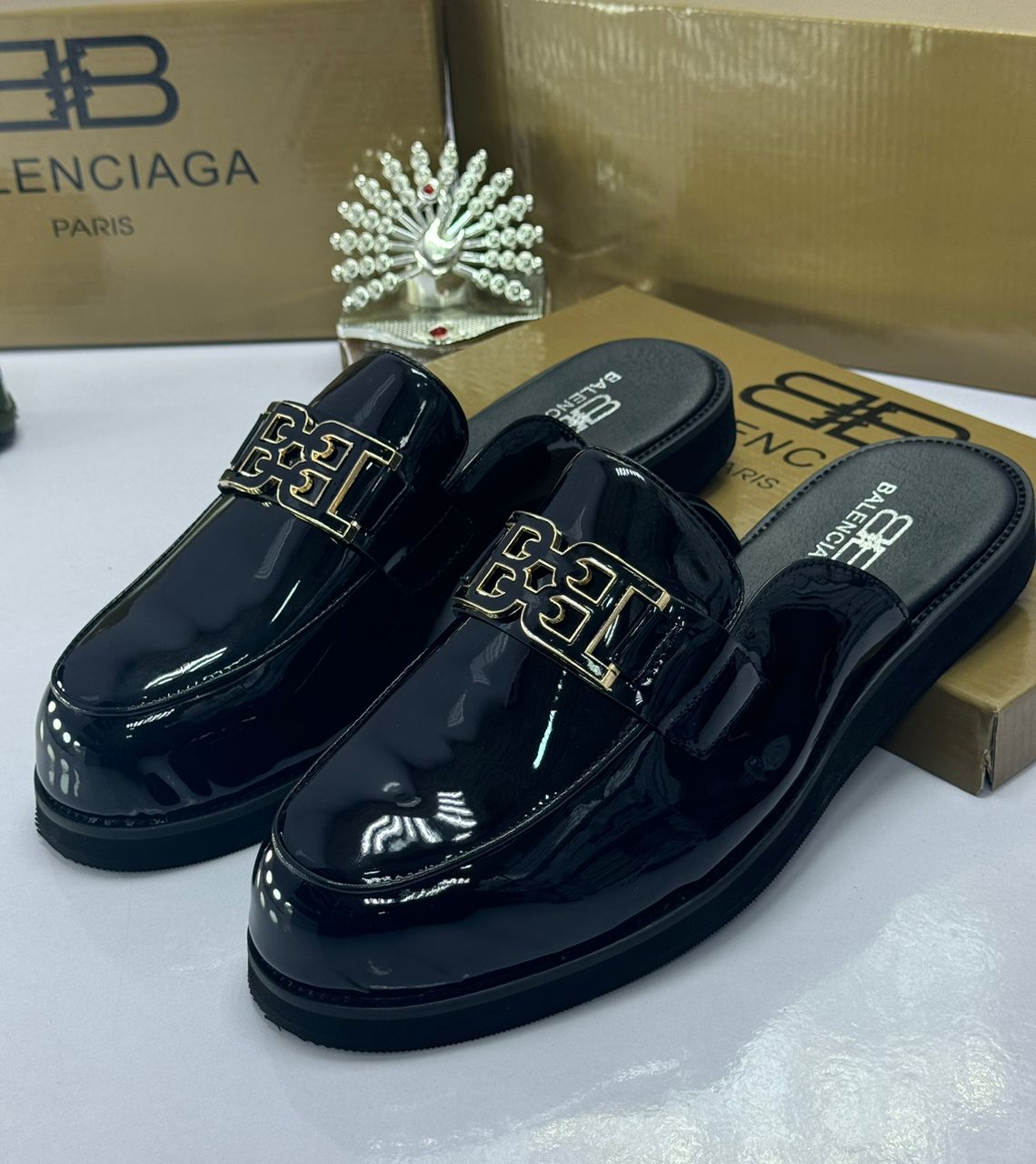 Black Patent Leather Loafers with Gold-Tone Logo Hardware Black Patent Leather Loafers with Gold-Tone Logo Hardware