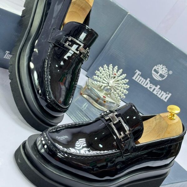 Black Patent Leather Loafers with Silver-Tone Buckle