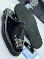 Black Patent Leather Mules with Gold Medusa Emblem