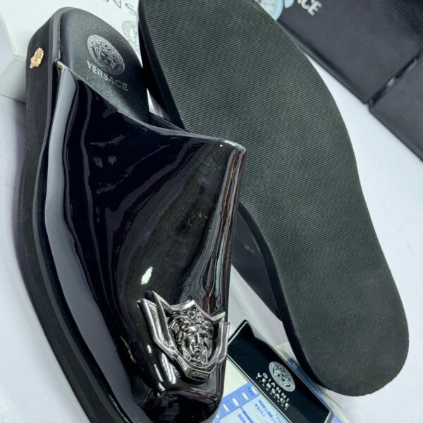 Black Patent Leather Mules with Gold Medusa Emblem