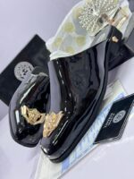 Black Patent Leather Mules with Gold Medusa Emblem