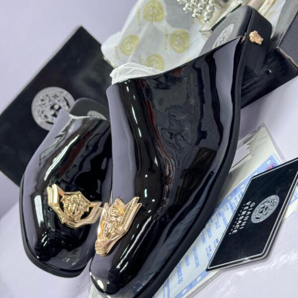 Black Patent Leather Mules with Gold Medusa Emblem