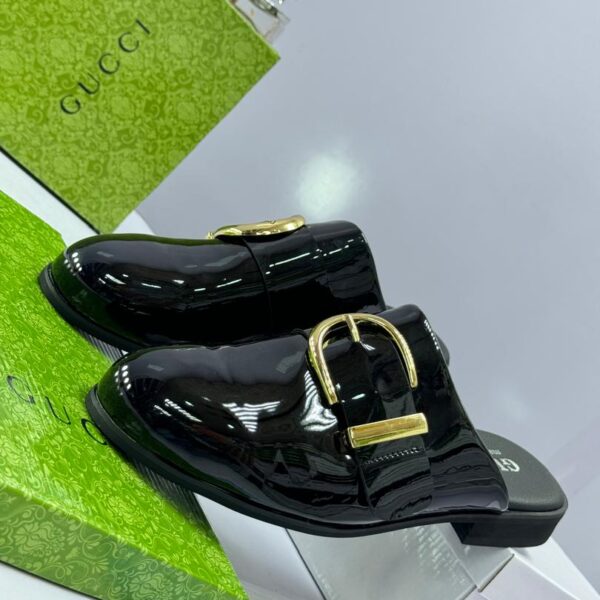Black Patent Leather Mules with Gold-Tone Buckle
