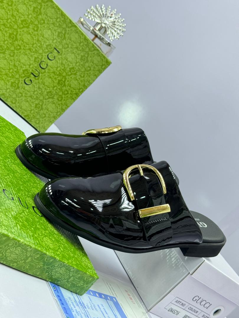 Black Patent Leather Mules with Gold-Tone Buckle Black Patent Leather Mules with Gold-Tone Buckle