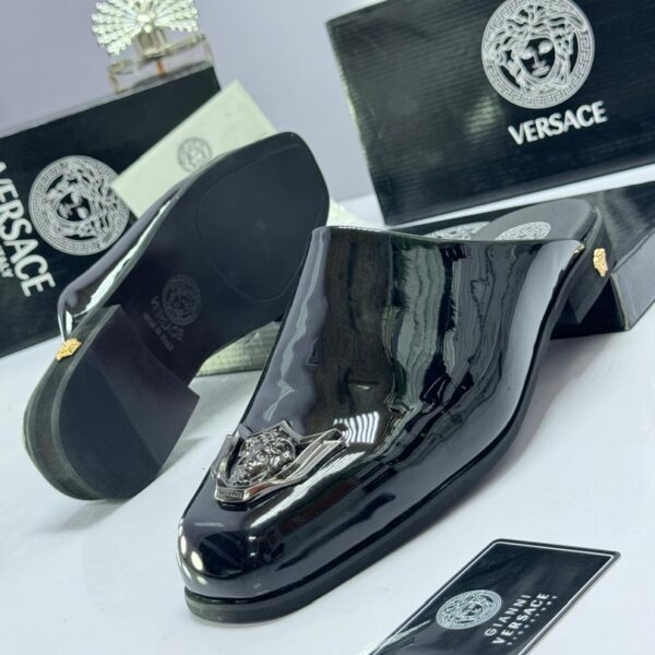 Black Patent Leather Mules with Silver Medusa Plaque