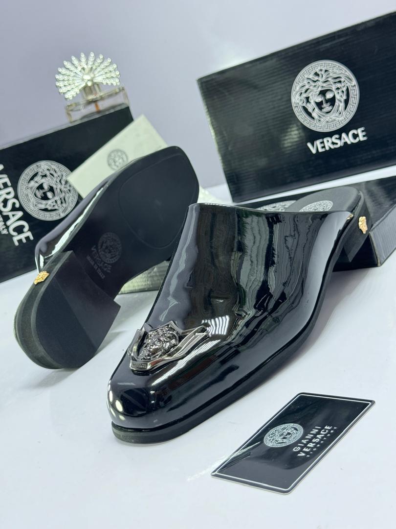 Black Patent Leather Mules with Silver Medusa Plaque Black Patent Leather Mules with Silver Medusa Plaque
