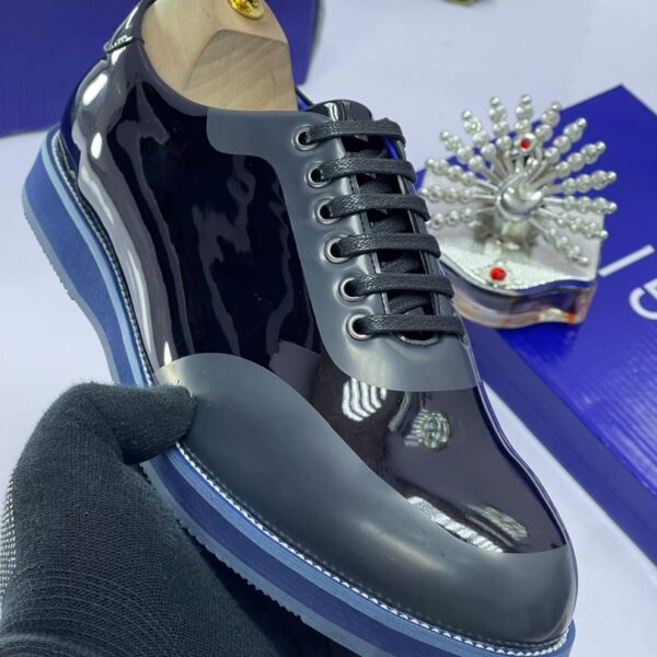Black Patent Leather Shoes with Blue Sole