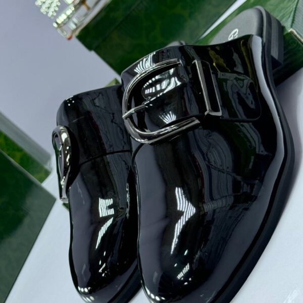 Black Patent Leather Slip-On Shoes with Silver-Tone Buckle