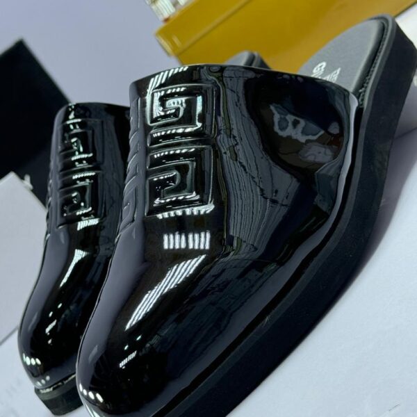 Black Patent Leather Slippers with Embossed Logo