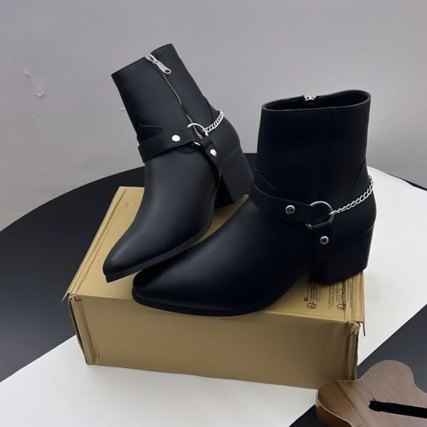 Black Pointed-Toe Ankle Boots with Chain Harness