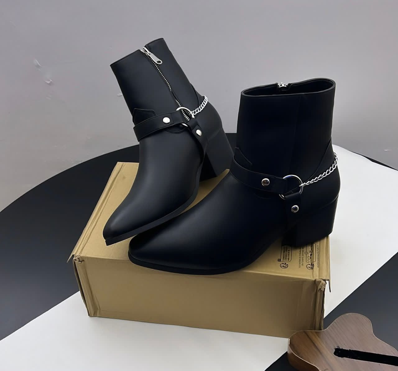 Black Pointed-Toe Ankle Boots with Chain Harness Black Pointed-Toe Ankle Boots with Chain Harness