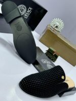 Black Studded Half Shoes with Gold Medusa Emblem - Image 2