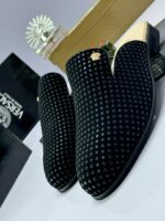 Black Studded Half Shoes with Gold Medusa Emblem