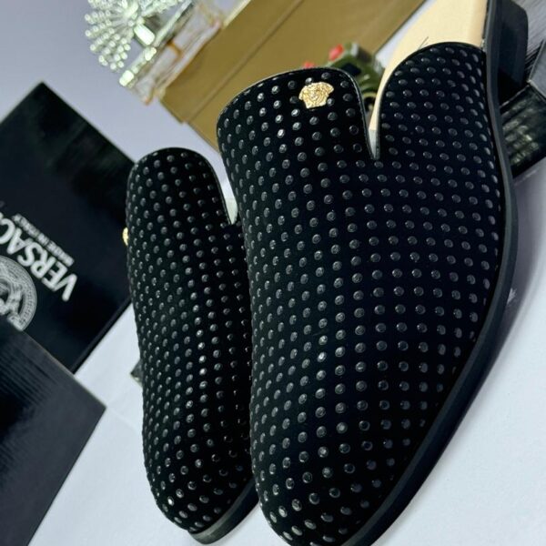 Black Studded Half Shoes with Gold Medusa Emblem