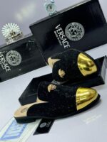 Black Studded Half Shoes with Gold Toe Cap