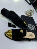 Black Studded Half Shoes with Gold Toe Cap