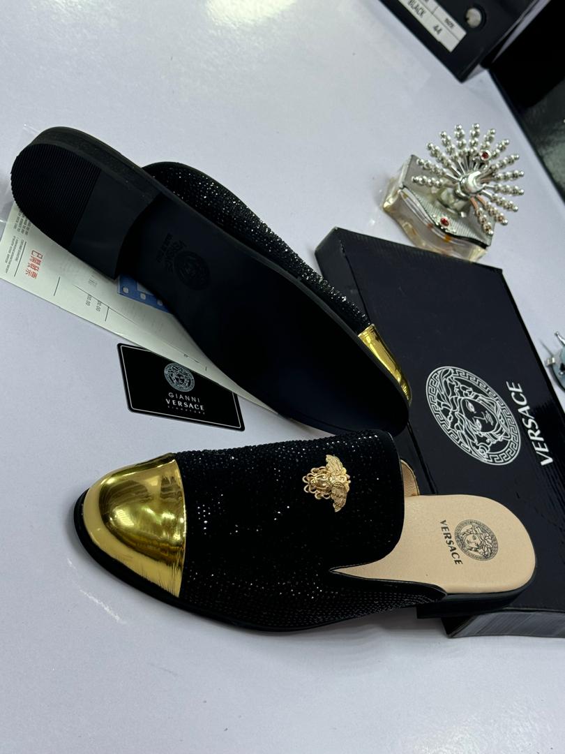 Black Studded Half Shoes with Gold Toe Cap Black Studded Half Shoes with Gold Toe Cap