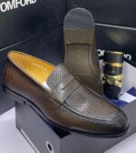 Black Woven Leather Penny Loafers