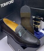 Black Woven Leather Penny Loafers