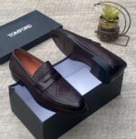 Black Woven Leather Penny Loafers