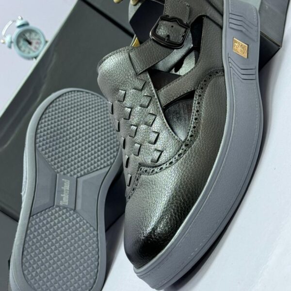 Black Woven Leather Sandals with Buckle Strap