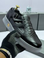 Black Woven Leather Sandals with Buckle Strap