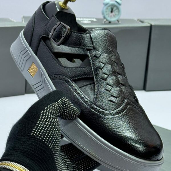 Black Woven Leather Sandals with Buckle Strap