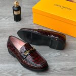 Burgundy Crocodile Embossed Leather Loafers