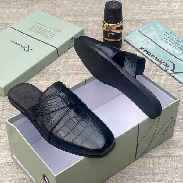 Mens Black Snakeskin Effect Backless Loafers