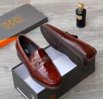 OGGI Grey Crocodile Embossed Leather Loafers