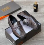 OGGI Grey Crocodile Embossed Leather Loafers