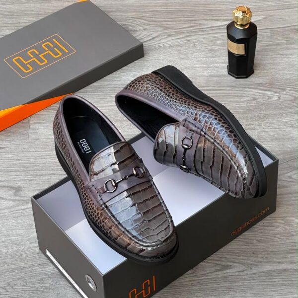 OGGI Grey Crocodile Embossed Leather Loafers