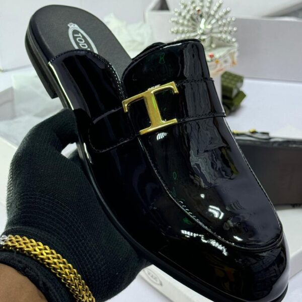 Patent Leather Mules with Gold-Tone T Buckle