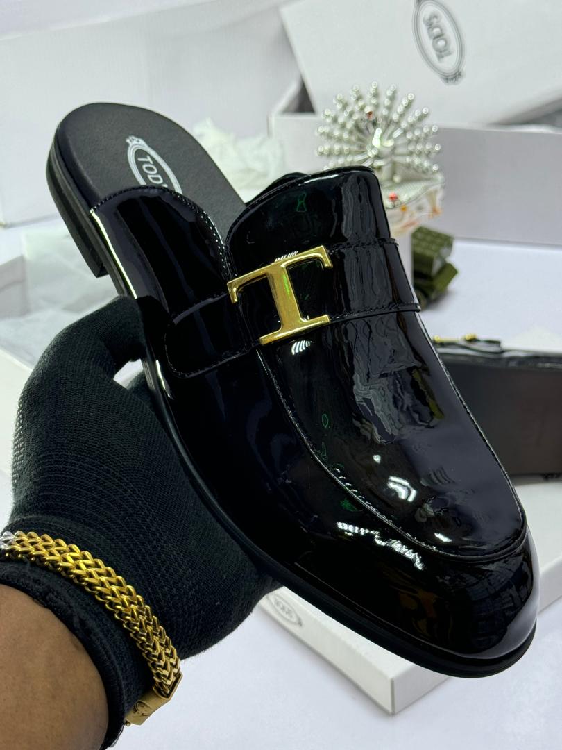Patent Leather Mules with Gold-Tone T Buckle Patent Leather Mules with Gold-Tone T Buckle