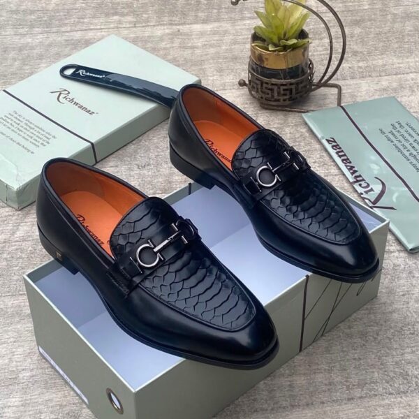 Richwanaz Black Snake Embossed Leather Horsebit Loafers