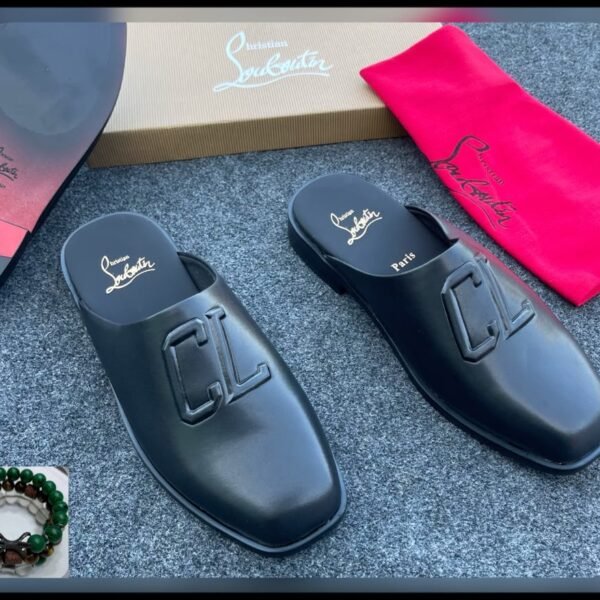 Black CL Logo Leather Mule Slides