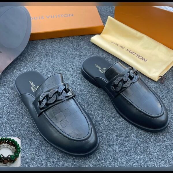 Black Leather Damier Embossed Mule Half Shoes