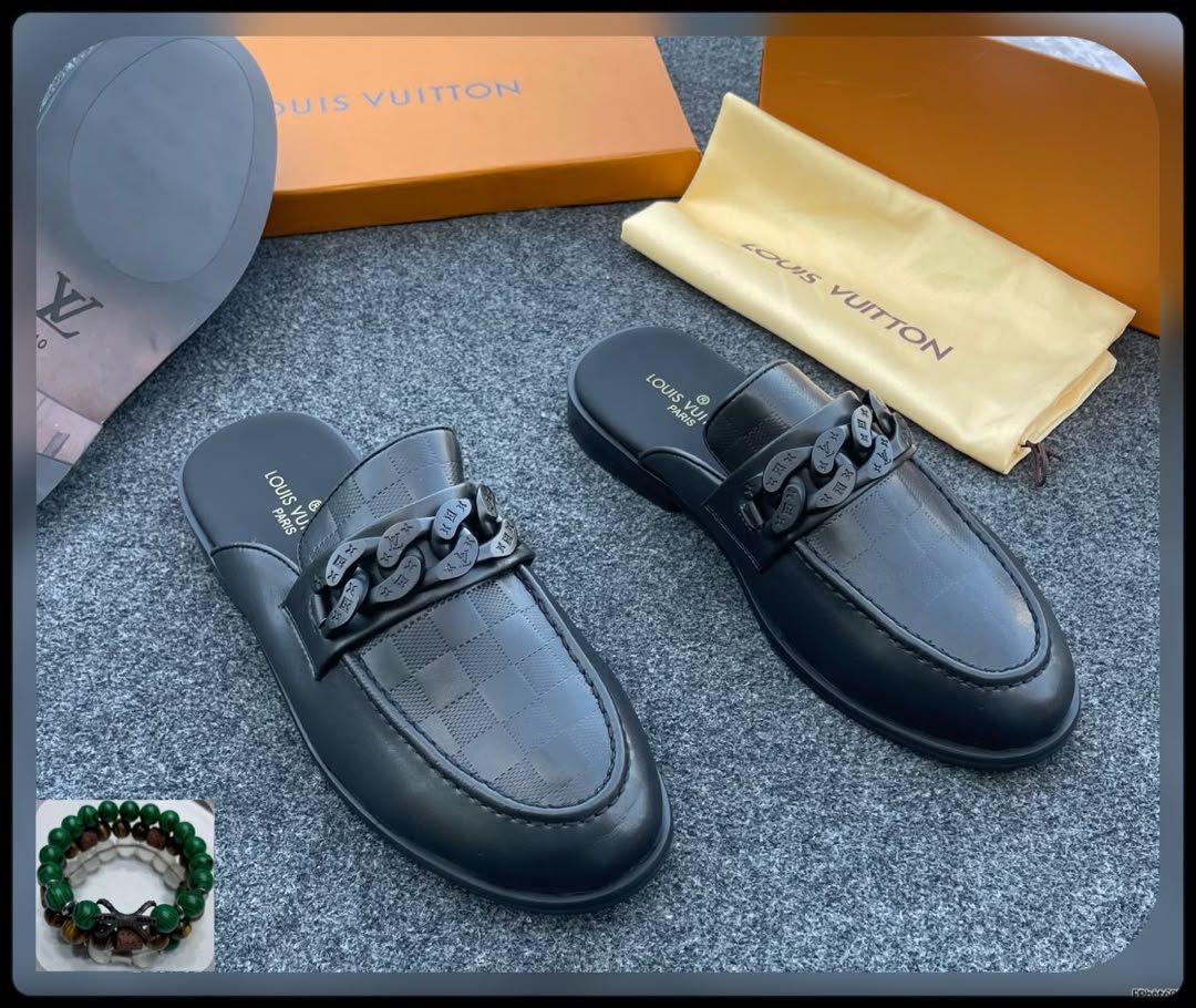 Black Leather Damier Embossed Mule Half Shoes Black Leather Damier Embossed Mule Half Shoes