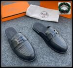 Black Leather H Cutout Half Shoe Mules