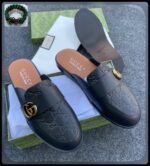 Mens Black Leather GG Horsebit Half Shoes