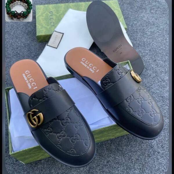 Mens Black Leather GG Horsebit Half Shoes