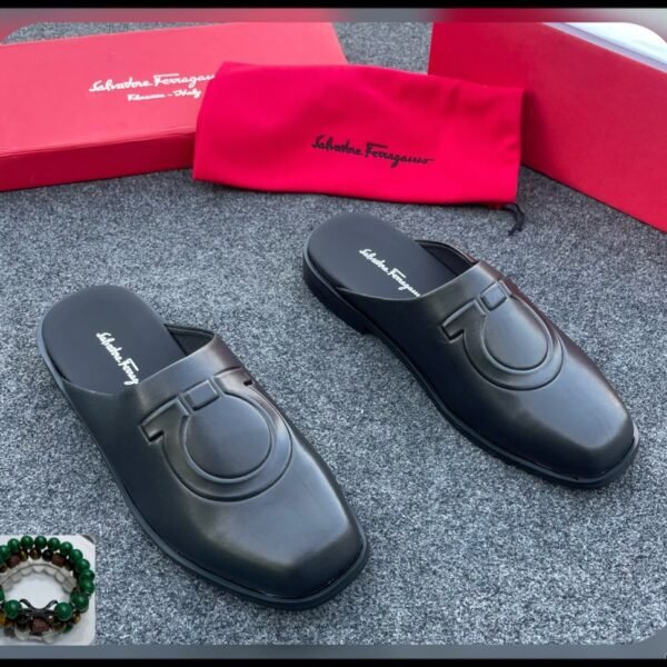 Mens Black Leather Gancini Half Shoes