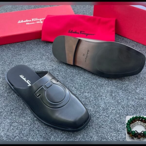 Mens Black Leather Gancini Half Shoes