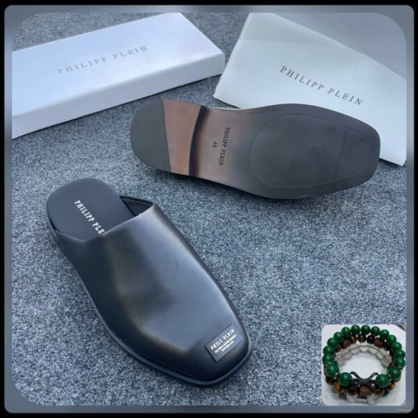 Philipp Plein Black Leather Square Toe Mules