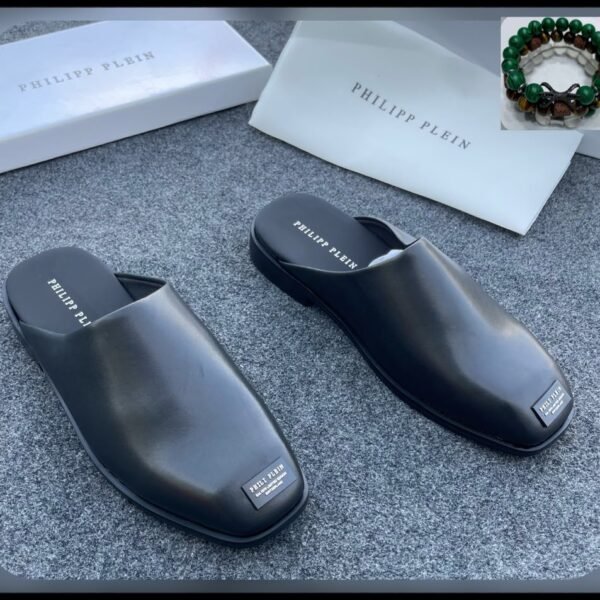 Philipp Plein Black Leather Square Toe Mules