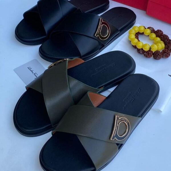 Olive Green Leather Criss Cross Buckle Slide Sandals