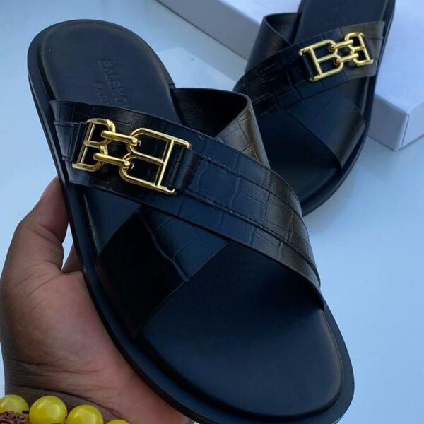 black crocodile embossed leather slip on sandals