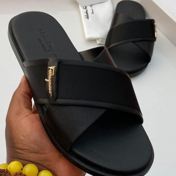 Salvatore Ferragamo Black Leather Crossover Slide Sandals