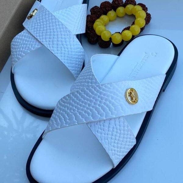 White Textured Crisscross Leather Slide Sandals
