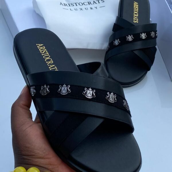 Aristocrats Luxury Black Leather Cross Strap Slides